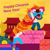 Lion Dance with Chinese New Year Presents Concept vector