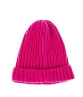 Knitted warm colored hat for winter, isolated on white background photo