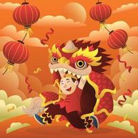 Kid Plays Lion Dance Celebrating Chinese New Year vector