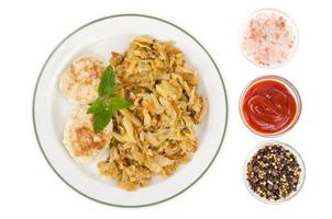 Plate with meat patties and stewed cabbage isolated on white background. photo