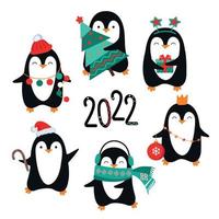 pingüinos lindos 2022. pingüinos de navidad en fondo blanco. vector
