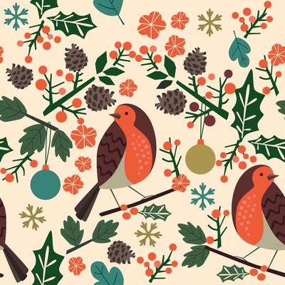 Seamless Christmas  pattern with  Robin bird leaves flowers cones berries snowflakes