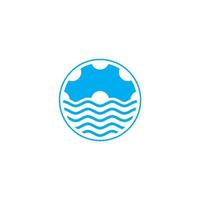 símbolo de la máquina de engranajes, vector de logotipo de diseño de onda de agua oceánica