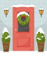 Red door with christmas wreath, snow and fir. Merry Christmas. vector