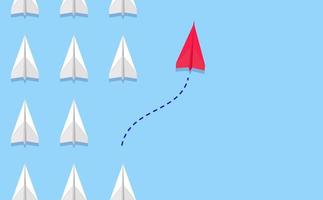 Different thinking, Courage to risk. leadership concept. Red paper plane changing direction from the group. Flat vector illustrations