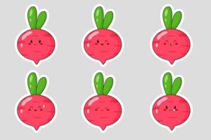Set of stickers with cute cartoon radish. Radish emoji with different emotions. Flat vector illustrations.