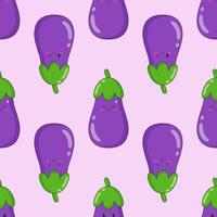 Seamless pattern of cute kawaii eggplant. Vegetable print with different emotions of eggplant. Flat vector illustration.