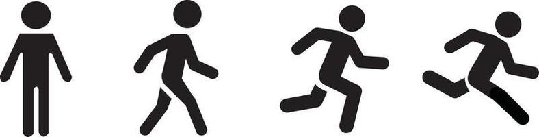 Stick figure walk and run. Running animation. Posture stickman. People icons set. Man in different poses and positions. Black vector