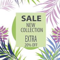 Vector poster with tropical leaves and text Summer Sale on the realistic pink smear. Bright discount banner with hand drawn element.