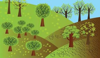 Landscape with trees, bushes and plants. Growing plants and gardening. Protection and preservation of the environment. Earth Day. Vector illustration.