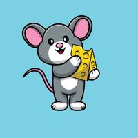 ratón lindo que sostiene el ejemplo del icono del vector de la historieta del queso