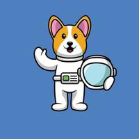 Cute Astronaut Corgi Dog Holding Helmet Cartoon Vector Icon Illustration
