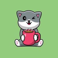 Lindo gato con taza de café caliente ilustración de icono de vector de dibujos animados.