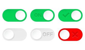 Vector illustration of on and off slider button. Suitable for design element of app user interface. Modern green, grey and red slider button.