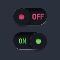 Realistic vector illustration of slider button. Switch on and switch off button for smartphone and app user interface. Slider button in dark theme.