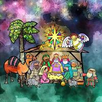 Christmas Nativity Watercolor Doodle Scene vector