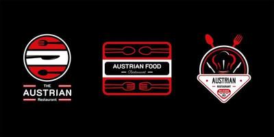 logotipo de restaurante de comida austriaca. símbolo de la bandera de austria con iconos de cuchara, tenedor y cuchillo. vector logo premium y de lujo
