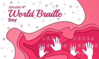 Fondo del día mundial del braille. 4 de enero. Tarjeta de felicitación premium y de lujo, carta, póster o pancarta en color rosa. con un vector de icono de signo de mano, corazón y amor