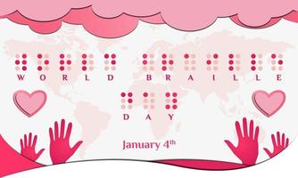 Fondo del día mundial del braille. 4 de enero. Tarjeta de felicitación premium y de lujo, carta, póster o pancarta en color rosa. con un vector de icono de signo de mano, corazón y amor