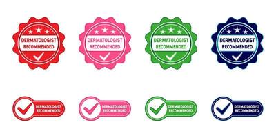 Dermatologist Recommended Label, Stamp, Badge, or Logo. With check symbol. On red, pink, green, and blue colors. Premium and luxury emblem vector