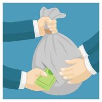 hand giving money,right hand tearing sacks to take money. while others receive money in big sacks. anti corruption. flat vector illustration