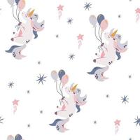 Unicorn seamless pattern. Unicorn flying on balloons. Starry sky background. Perfect for printing baby textiles, clothing Vector cartoon cute characters in  childish hand drawn scandinavian style.