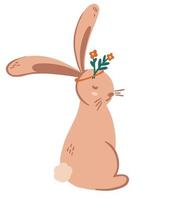 Cute bunny. Hare with a wreath of flowers. Spring mood. Animal character. Vector hand draw Children illustration.