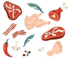 Meat set. Steaks, meat on the bone, chicken, bacon, garlic and hot pepper. For shops, restaurants, menus and cafes. Vector cartoon hand draw illustration.