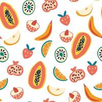 Tropical fruit seamless pattern. Papaya, lychee, banana, lemon, kiwi, pomegranate and strawberry. Modern exotic design for paper, cover, fabric, interior decor and other users. Vector illustration.