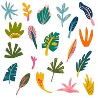 Tropical leaves set. Collection of various abstract tropical leaves. Perfect for the design of postcards, decorations for posters and printing. Vector cartoon hand draw illustration.
