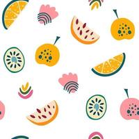 Tropical fruit seamless pattern. Lemon, kiwi, apple and melon. Modern abstract exotic design for paper, cover, fabric, interior decor and other users. Vector hand draw illustration.