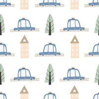 Children's pattern with cars. Cars. Transport. Road. Vector hand-drawn color seamless repeating children simple pattern with cars and lettering, in Scandinavian style road on a white background.