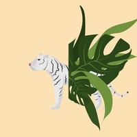 tigre blanco sobre fondo beige con rama verde tropical y hojas. tarjeta de felicitación del día de la protección del tigre vector