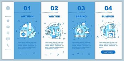 Four seasons onboarding mobile web pages vector template. Responsive smartphone website interface idea with linear illustrations. Spring, summer webpage walkthrough step screens. Color concept