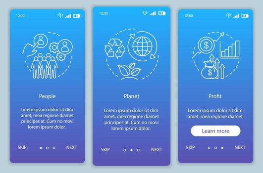 concepto de negocio incorporación de plantilla de pantalla de página de aplicación móvil. pasos del sitio web del tutorial de personas, planeta y ganancias. Administracion de recursos. triple resultado. tbl. interfaz de teléfono inteligente ux, ui, gui vector