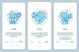 plantilla de pantalla de página de aplicación móvil de incorporación de desarrollo sostenible. pasos del sitio web del tutorial de personas, planeta y ganancias. Administracion de recursos. triple resultado. tbl. interfaz de teléfono inteligente ux, ui, gui vector