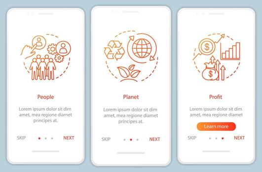 Resource management onboarding mobile app page screen template. People, planet and profit walkthrough website steps. Triple bottom line. TBL. Business conception. UX, UI, GUI smartphone interface vector