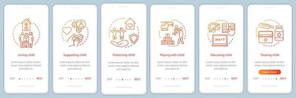 Child rights onboarding mobile app page screen with linear concepts. Loving, supporting, protecting, treating walkthrough steps graphic instructions. UX, UI, GUI vector template with illustrations