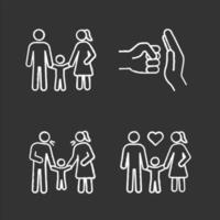 Child custody chalk icons set. Childcare. Happy families. Domestic violence, positive parenting, parents scolding child. Isolated vector chalkboard illustrations