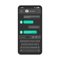 plantilla de vector de interfaz de chat de teléfono inteligente. diseño de la interfaz de la aplicación móvil. mensajero sms. interfaz de usuario plana para la aplicación de mensajes. medios de comunicación social. diálogo, conversación. pantalla del teléfono con bocadillo