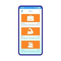 Plantilla de vector de interfaz de teléfono inteligente de alimentación de noticias. diseño de diseño azul de la aplicación móvil. pantalla de lista de artículos. contenido de entretenimiento. noticias de negocios, deporte, belleza. Periódico electrónico. ui plana. pantalla del teléfono