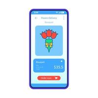 Flowers delivery app interface vector template. Mobile app interface blue design layout. Smartphone flowers buying service. Flat UI. Phone display with tulips bouquet ordering