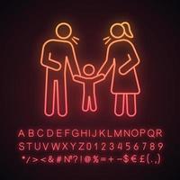 Parents scolding child neon light icon. Mother and father discipline kid. Parents arguing and punishing son, daughter. Glowing sign with alphabet, numbers and symbols. Vector isolated illustration