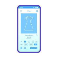 Plantilla de vector de interfaz de teléfono inteligente de aplicación de compras en línea. diseño de diseño azul de la página de la aplicación móvil. pantalla de tienda de internet de ropa de mujer. comprando vestido. haciendo orden. ui plana. pantalla del teléfono