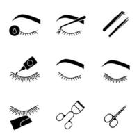 Eyelash extension glyph icons set. Silhouette symbols. Makeup tools. Primer, cluster, tweezers, glue, curler, scissors, stop touching, before and after eyelash extension. Vector isolated illustration