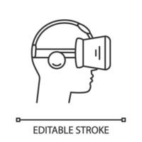 icono lineal de vista lateral de jugador vr. jugador de realidad virtual. Ilustración de línea fina. Máscara 3d vr, gafas, auriculares con auriculares integrados. símbolo de contorno. dibujo de contorno aislado vectorial. trazo editable vector