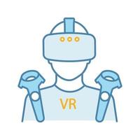 VR player color icon. Virtual reality player. Man with VR mask, glasses, headset and wireless controllers. Isolated vector illustration
