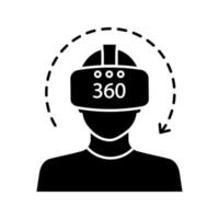 icono de glifo de video de realidad virtual. símbolo de silueta. Video de 360 grados. jugador con máscara vr, gafas, auriculares y flecha de rotación. Área de juegos de realidad virtual. espacio negativo. vector ilustración aislada