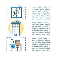 Plantilla de vector de página de artículo de servicio de limpieza de oficina. limpieza, tareas del hogar. limpieza de cristales. folleto, elemento de diseño de revista con cuadros de texto. diseño de impresión. ilustraciones de concepto con espacio de texto