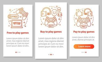 Buying apps and games onboarding mobile page screen with linear concepts. Free, pay to play walkthrough steps graphic instructions. UX, UI, GUI vector template with illustrations